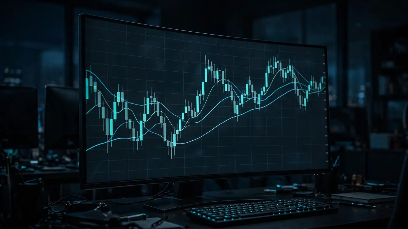 Interfaz profesional de terminal de análisis con gráfico de velas japonesas y medias móviles en pantalla panorámica
