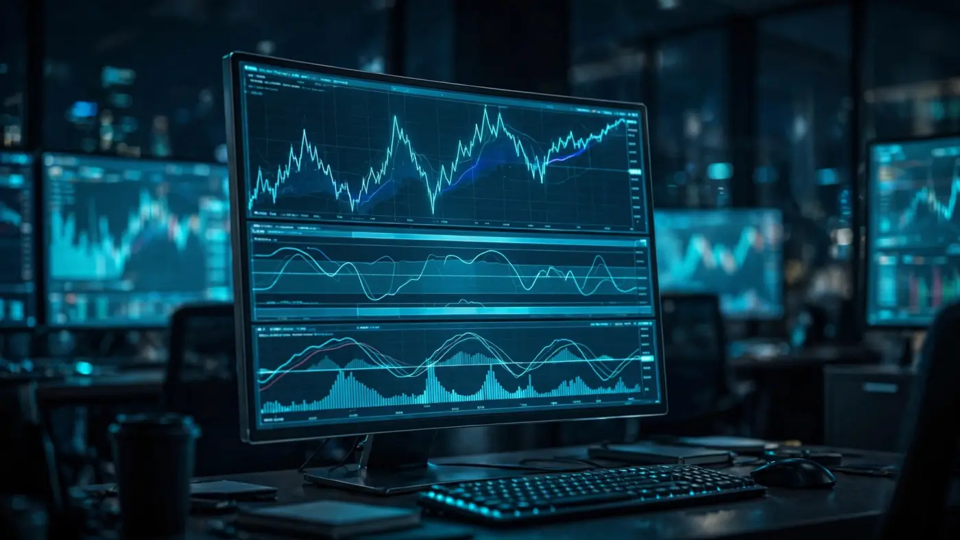 Indicadores técnicos RSI y MACD visualizados bajo un gráfico de precios en un monitor