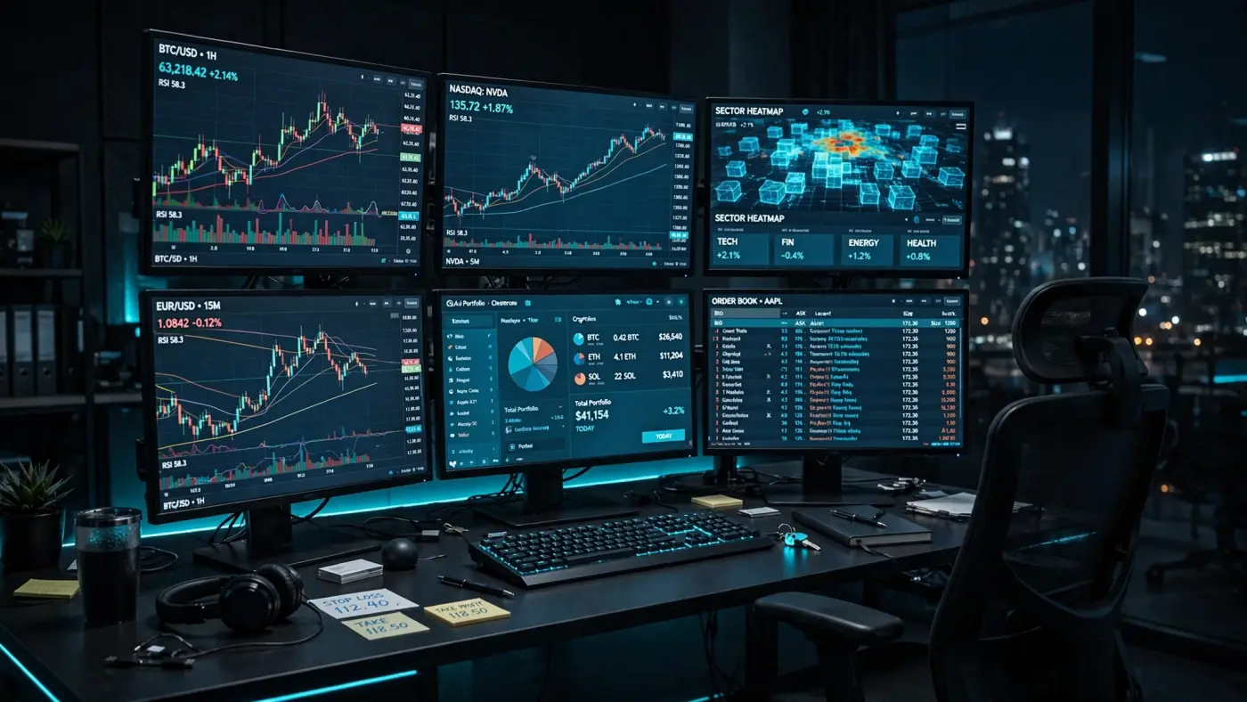 Estación de trabajo con múltiples monitores mostrando gráficos financieros, silla vacía