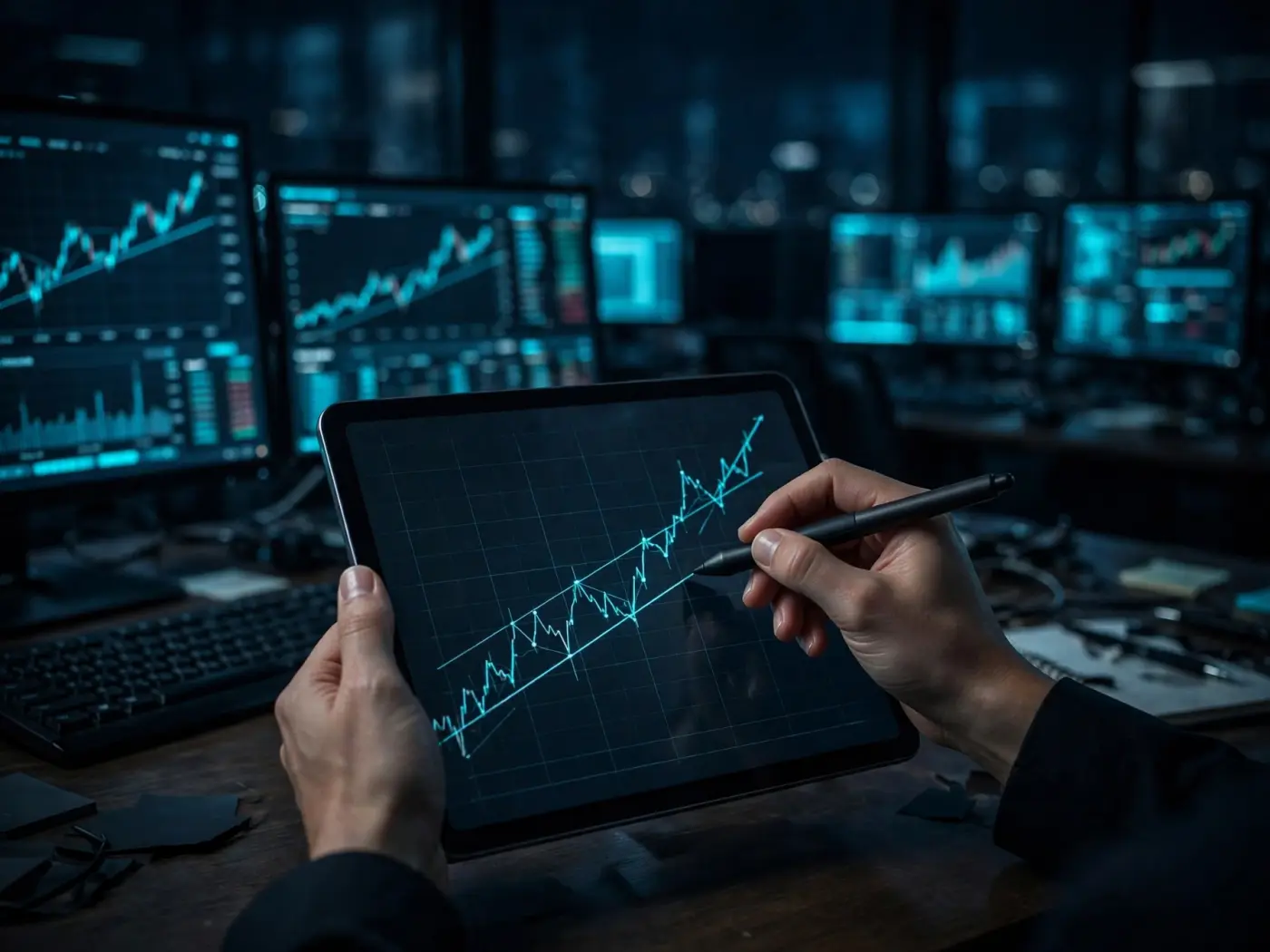 Manos de analista trazando líneas de tendencia con un lápiz óptico sobre una tableta con gráfico