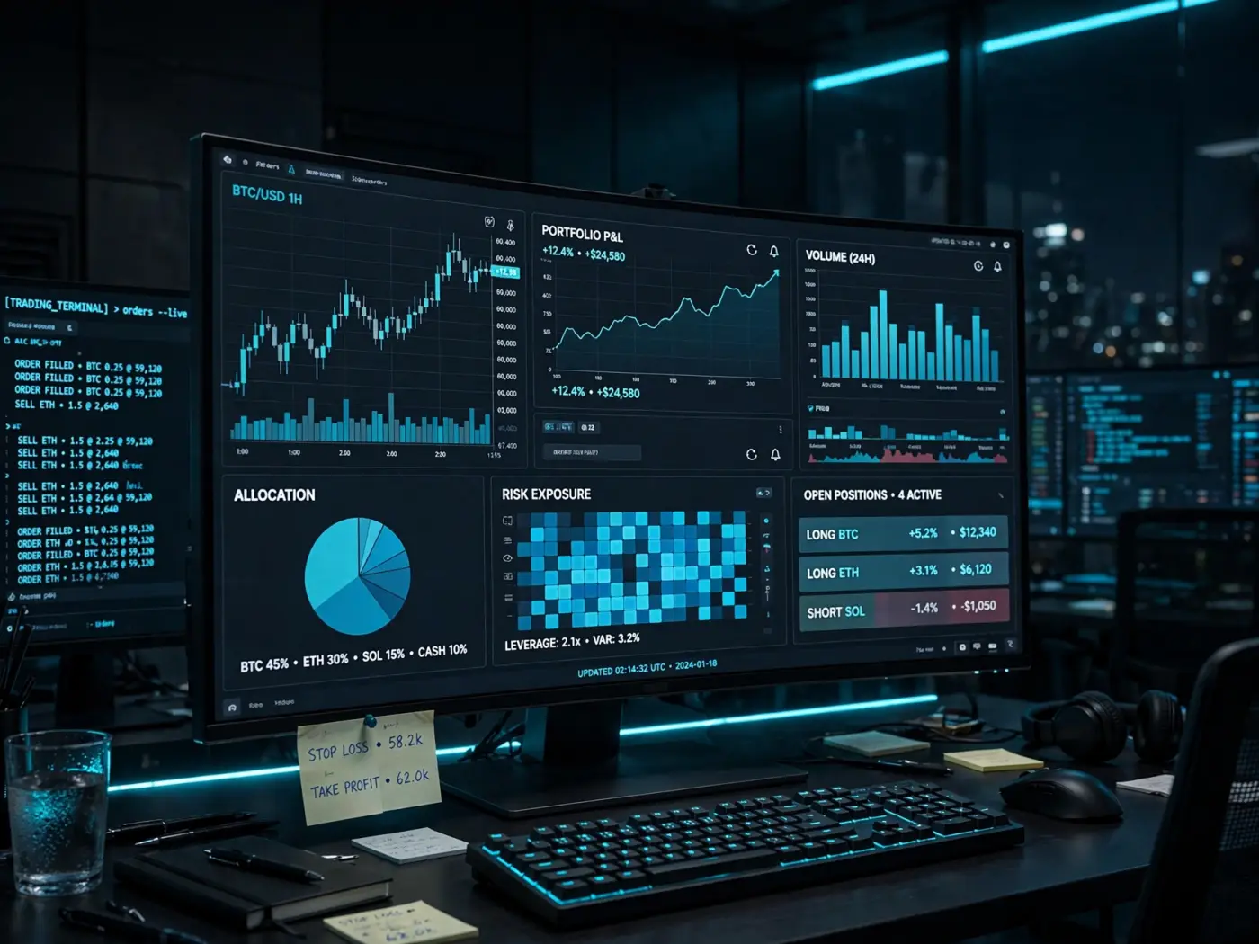 Panel de control con múltiples widgets de gráficos en un monitor ultrapanorámico en una sala oscura con resplandor cian